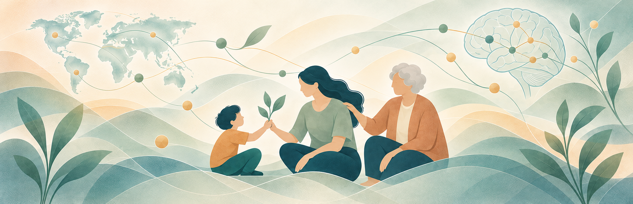 Illustration of three generations together, connected with a brain and a world map representing neuroscience and cross-cultural family research.
